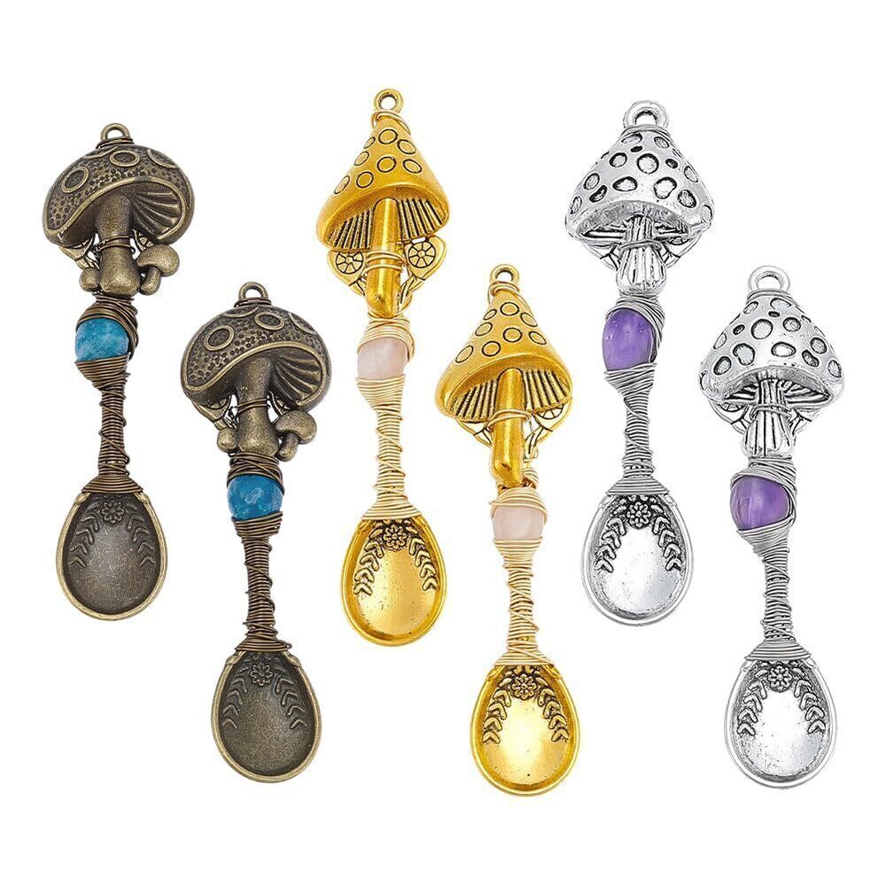 9276 6 Pcs 3 Colors Natural Genstone Pendants, 2.6 Inch Long Mushroom Spoon